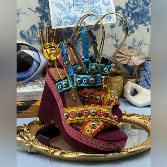 🆕 KURT GEIGER LONDON 🧿 NWOB Scalloped Stud X Wedge Heel Multicolor - Sz 37 US7 - Picture 7 of 12